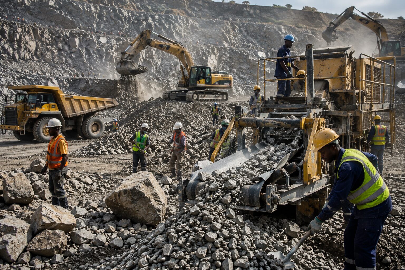 People And Machines Working In Quarry