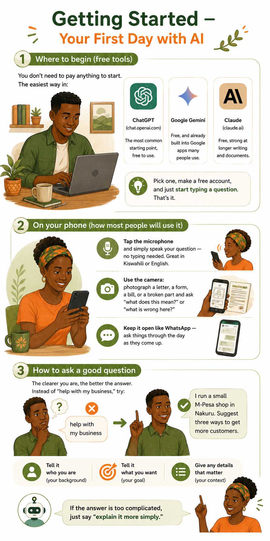 Young Kenyan getting started with an AI assistant on a phone