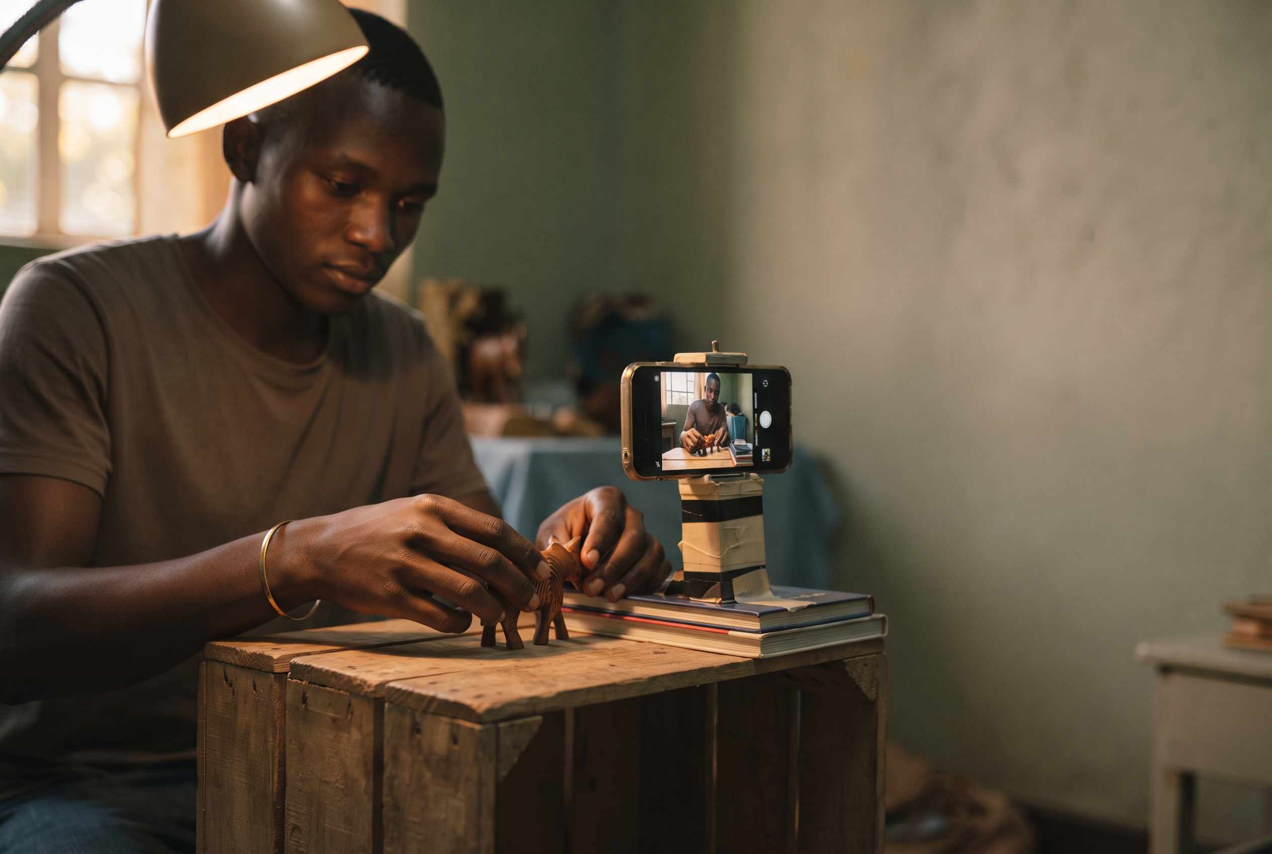 A young man filming a small carved wooden animal with a phone clamped to an improvised stand, lit by a desk lamp