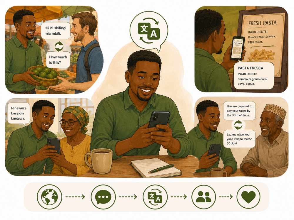 AI translating between Kiswahili and English on a smartphone