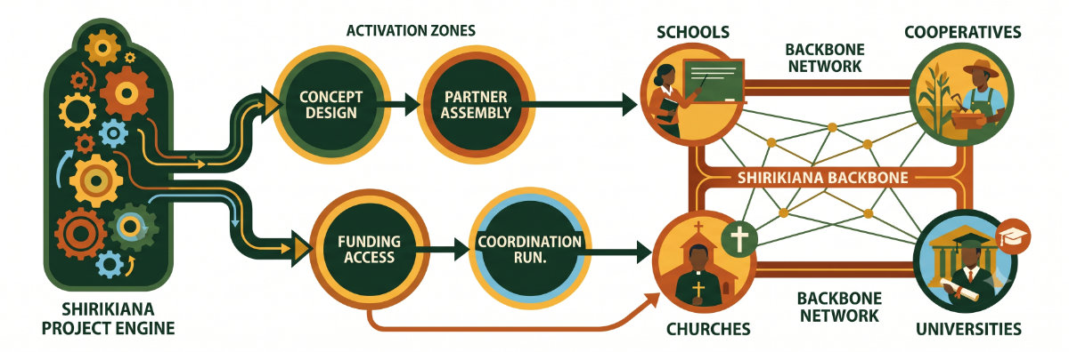 Diagram: Shirikiana supplies the concept, partners, funding and coordination, while schools, cooperatives, churches and universities deliver the work