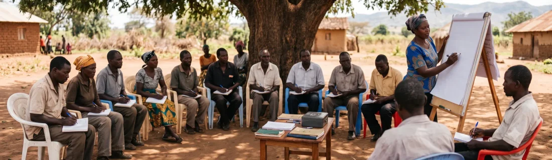 A common interest group meeting under a tree, members taking notes while a facilitator writes on a flip chart