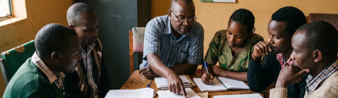 Members of a cooperative board reviewing printed by-laws and partnership documents around a table