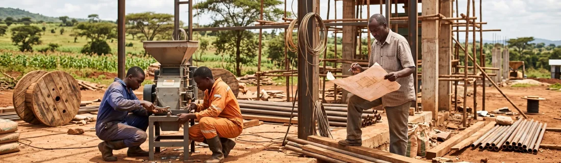 Young workers installing equipment at a rural processing facility under construction, a supervisor checking the plan