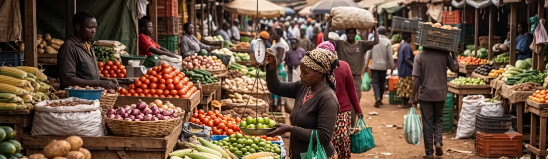 Traders and buyers at an open-air produce market, vegetables weighed on a hanging scale